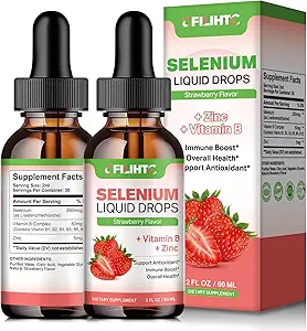 Selenium Liquid Drops - Vitamin B Kompleksi ve çinko ile 200 lik sıvı Selenyum Tamam - Immune System, Antioksi & Heart Health, High Abxia - Strawberry Flavor, 2 Fl Oz