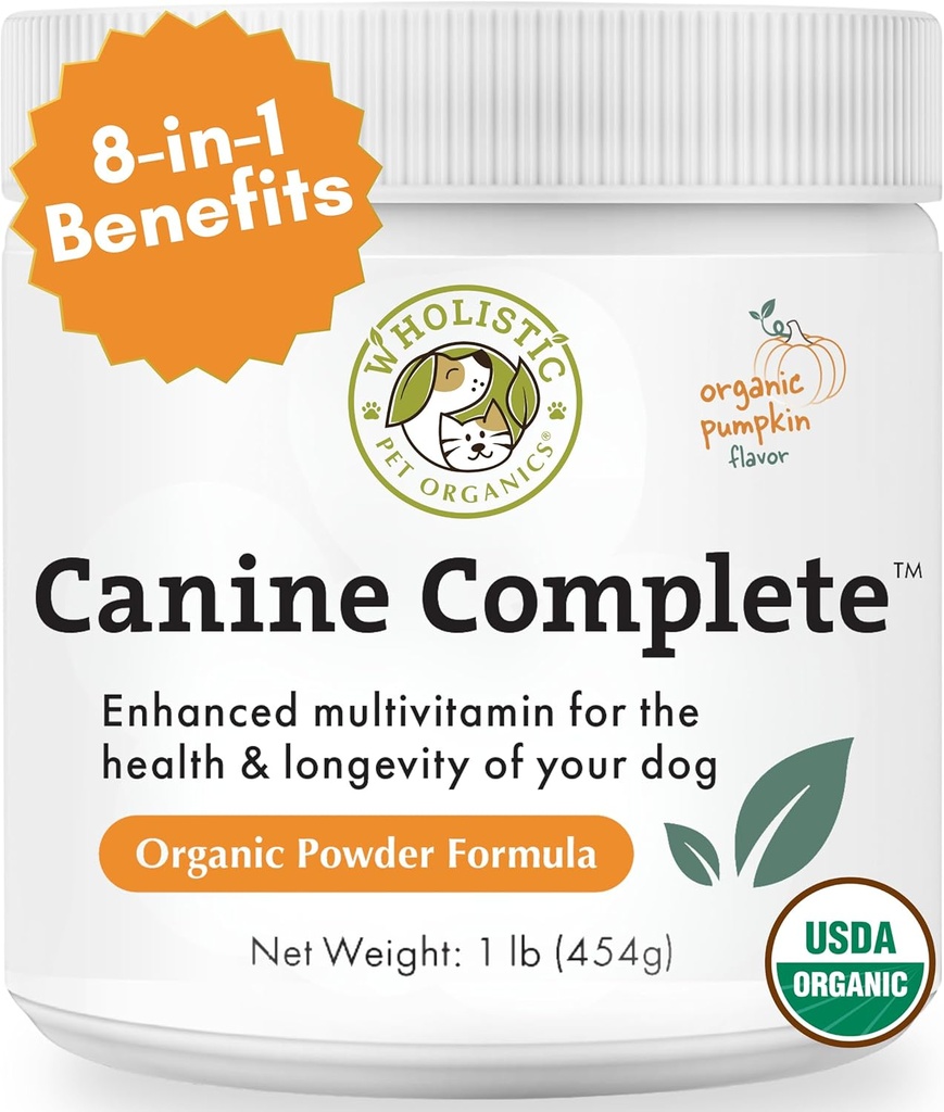 Wholistic Organics Pet Canine Complete - Σκύλος Multivitamin σε σκόνη - 1 Lb - Daily Dog Βιταμίνες και Συμπληρώματα για Σπιτικά Τρόφιμα - ανοσοποιητικό σύστημα, δέρμα, παλτό & Γενική Υγεία - Μικρή και Μεγάλη Φυλή