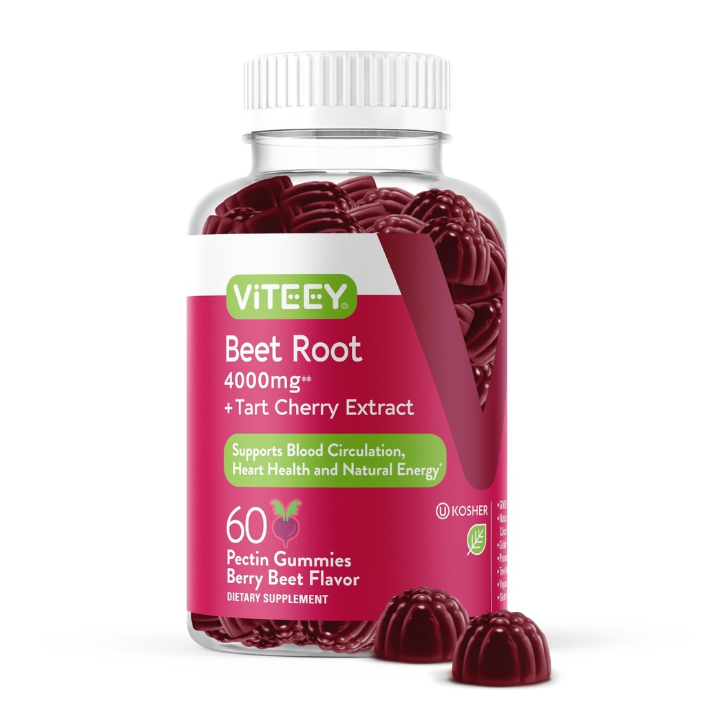 Viteey Beet Root Gummies 4000 mg with Tart Cherry - Sağlıklı Kan Basıncı Desteği için - Vegan, Gelatin Free, Gluten Free - Tasty Chewable Berry Beet Flavored Gummy