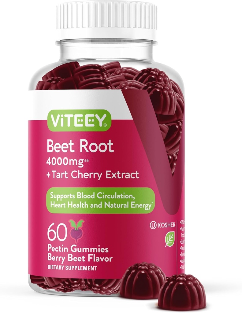 Viteey Beet Root Gummies 4000mg με Tart Cherry - για Υγιεινή Υποστήριξη Πίεσης του Αίματος - Vegan, Ζελατίνη Χωρίς Γλουτένη - Νόστιμο Cheastable Berry Beet Γεύση Gummy