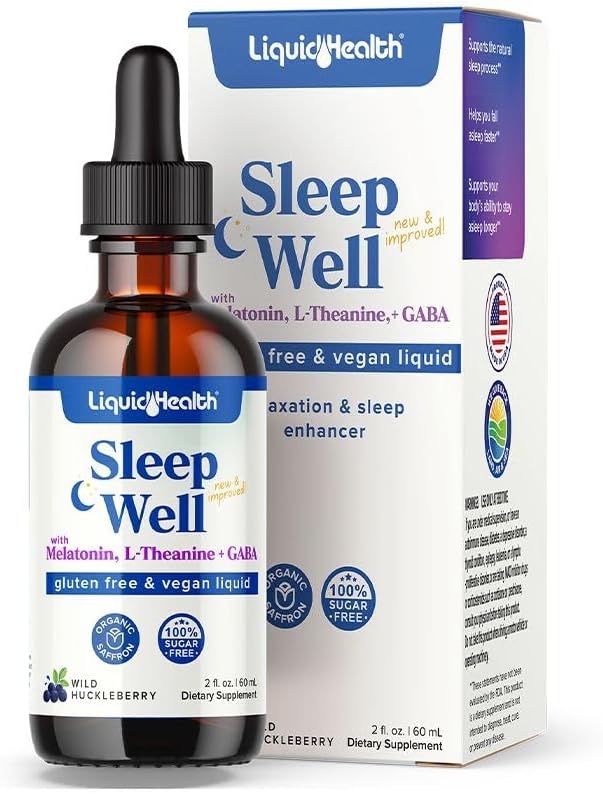 LIQUIDHEALTH Sleep Well Natural Sleep Aid Melatonin Drops - Better Sleep & Mood, Relax & Calm Mind, Fall Asleep Faster Stay Asleep Longer - Made in USA, Vegan, Sugar-Free, Drug Free, Non-GMO (2 oz)