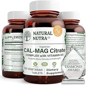 Φυσικό Nutra Cal-Mag Citrate με βιταμίνη D3, 1000/500 mg Σύμπλεγμα, Ενίσχυση της πυκνότητας των οστών, των μυών και των νεύρων υγεία, Βοήθεια για τη διατήρηση υγιή δόντια, εξαιρετικά βιοδιαθέσιμες πηγές, 250 Vegan δισκία