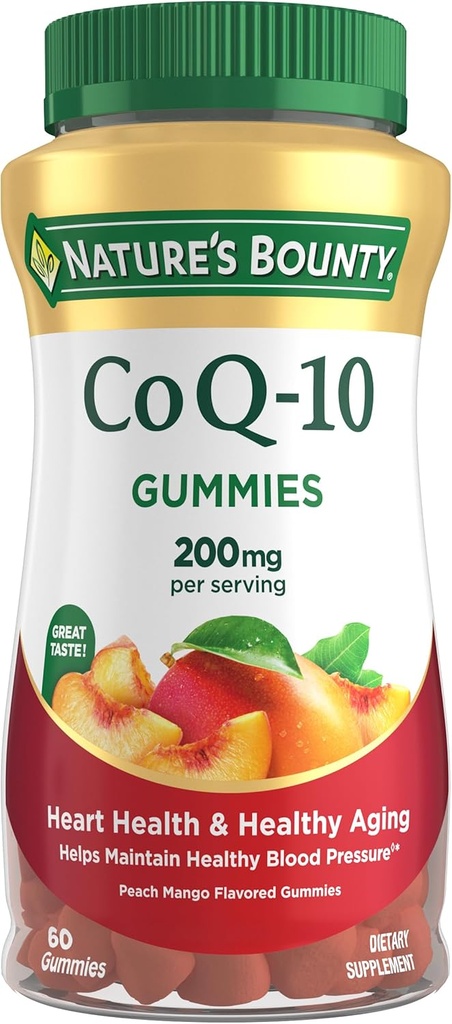 Nature's Bounty CoQ10 Gummies, Supports Heart Health, CoQ10 200 mg, Peach Mango Flavor, 60 Count Count Count