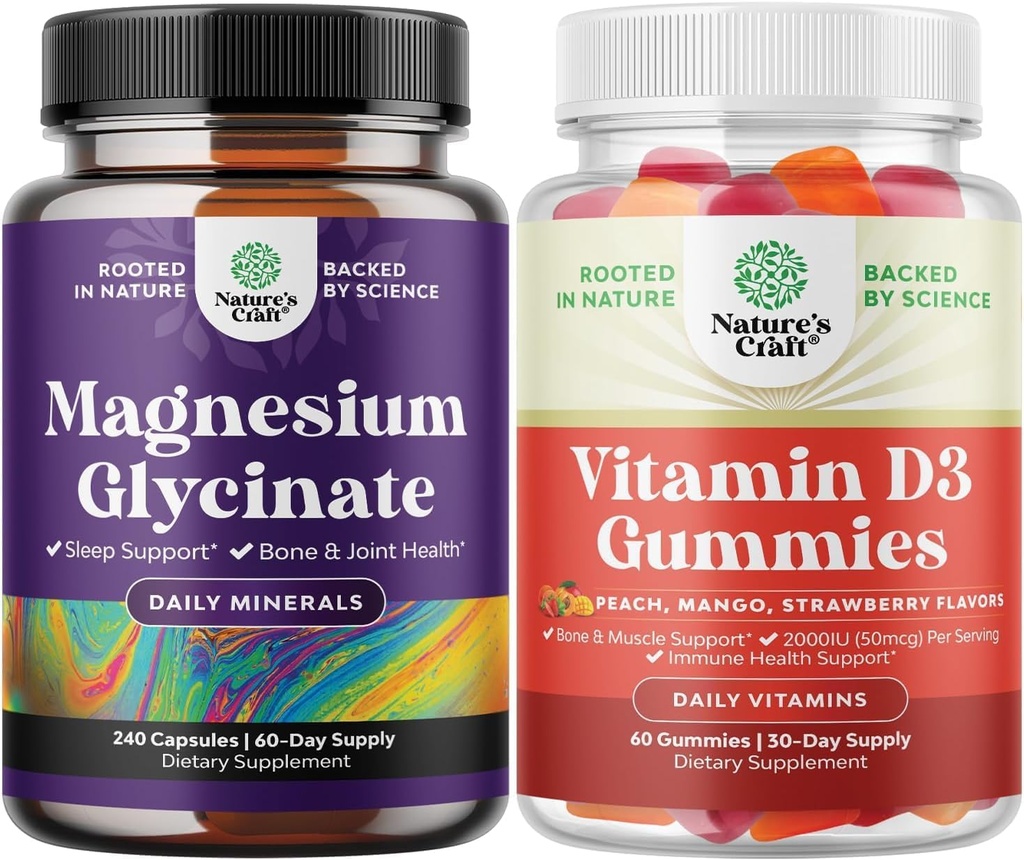 Pure Magnezyum Glycinate 400 mg Per Mood Sleep ve Relaxation 240ct ve Vitamin D3 Günlük Sağlık veya Bone Muscle & Immune Support