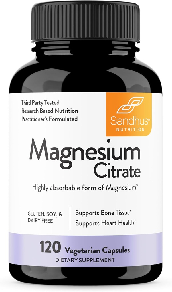 Sandhu'nun Magnezyum Citrate Highly Absorbable Gluten, Soy Daily Free No Fillers 120 Vegetarian Capsules