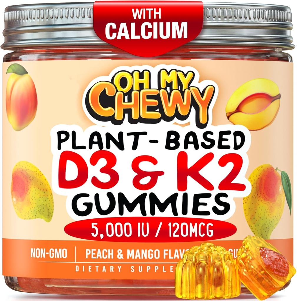 Center-Filled Vitamin D3 K2 Gummies - Çocuklar, Gençler ve Yetişkinler - Sağlıklı Dişler, Bone, Energy & Immunity - 5000 IU D3, 120 mcg K2 (MK-7), 120 mg - Vegan & Non-GMO - 60