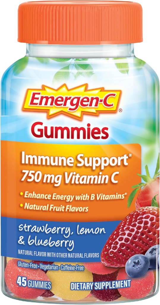 Emergen-C 750 Yetişkin Için C Gummies, Immune Support Gummies, Gluten Free, Strawberry, Lemon ve Blueberry Flavors - 45 Count Count