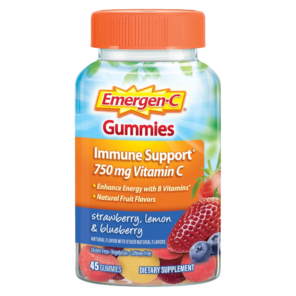 Emergen-C 750 Yetişkin Için C Gummies, Immune Support Gummies, Gluten Free, Strawberry, Lemon ve Blueberry Flavors - 45 Count Count