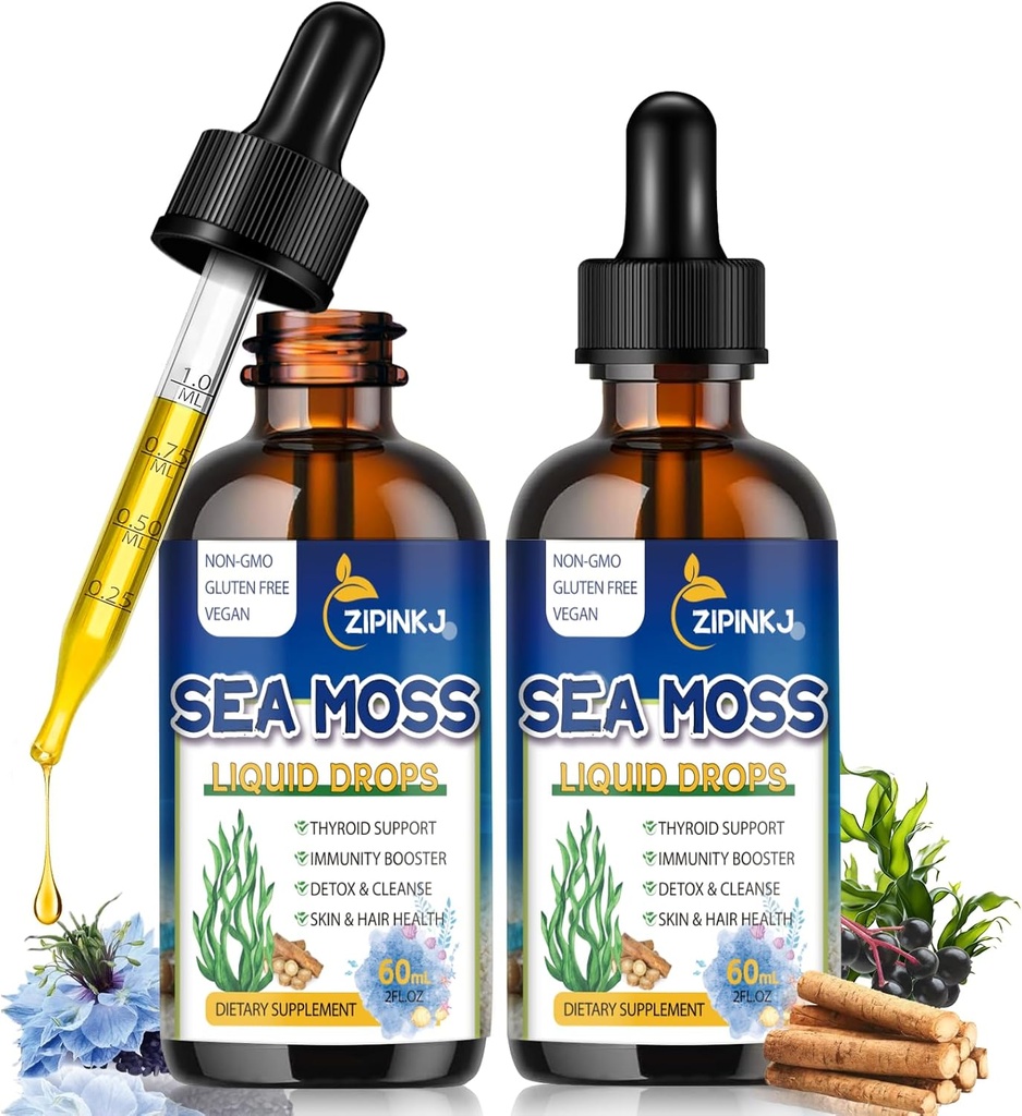 Organic Sea Moss Drops, 11 in 1 Black Seed Oil & Irish Liquid Sea Moss Gel Ashwagandha Burdock Root, Spirulina, Bladderwrack, Elderberry for Digestion, Immunity, Skin Hair Health, Non-GMO - 4 Fl Oz