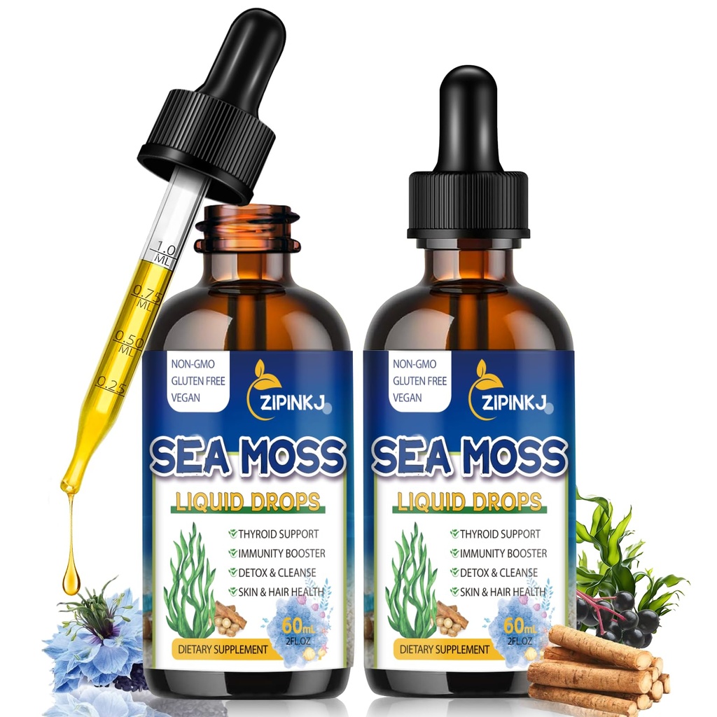 Organik Deniz Moss Drops, 1 Black Seed Oil & Irish Liquid Sea Moss Gel Ashwagandha Burdock Root, Spirulina, Bladderwrack, Digestion için Yaşlılar, Immunity, Skin Hair Health, Non-GMO - 4 Fl Oz