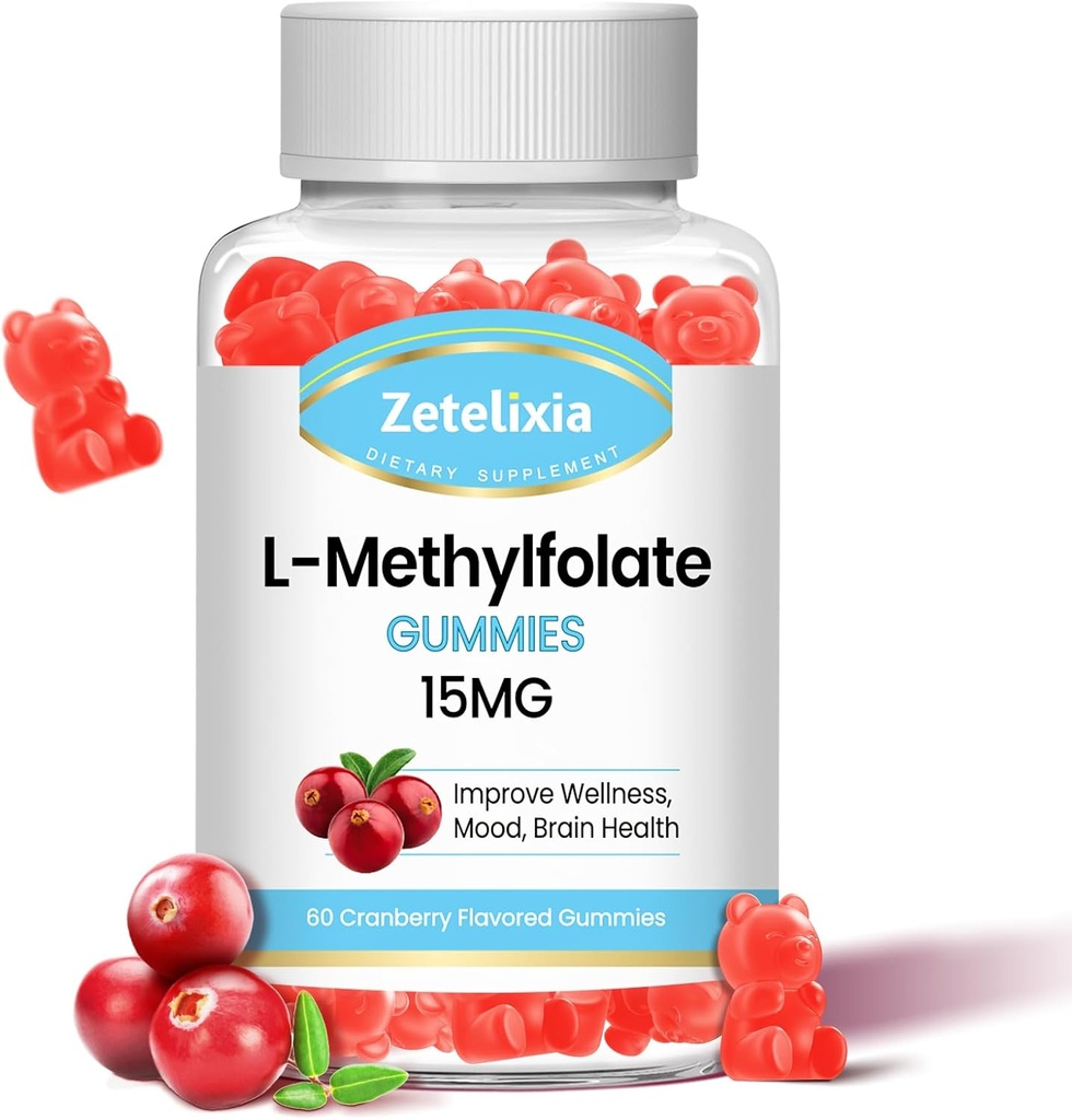 L-Methylfolate 15mg & methyl B12 Gummies, Folate Supplement for Brain Health, Mood & Immunity, DΝΑ Σύνθεση & Επισκευή, Χωρίς ζάχαρη, Vegan, Cranberry Flavor, 60 Count