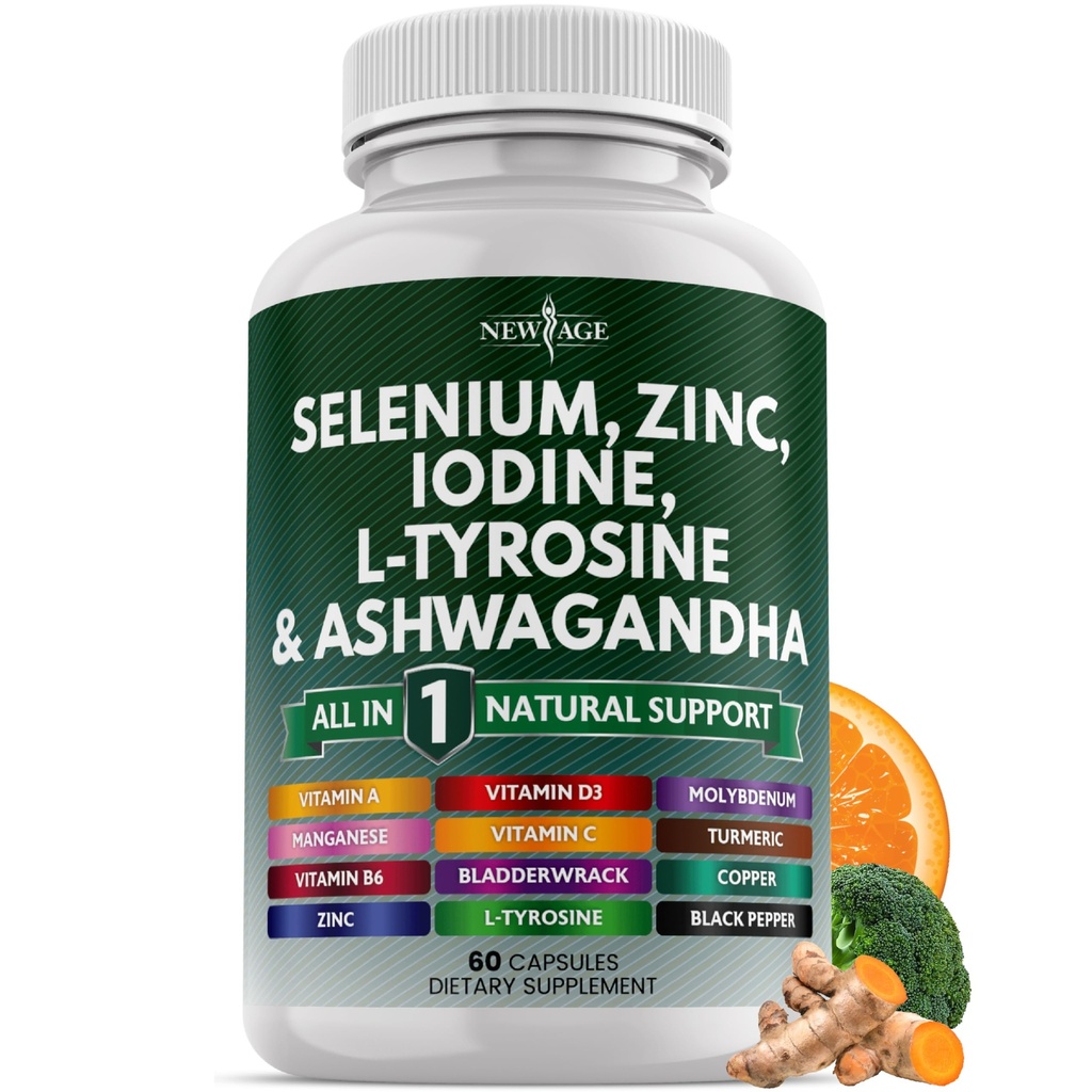 Selenium, çinko, Iodine, L Tyrosine, Ashwagandha - Kadın ve Erkekler için Bladderwrack, Turmeric, Silica Kelp, Schisandra - 60 Kont