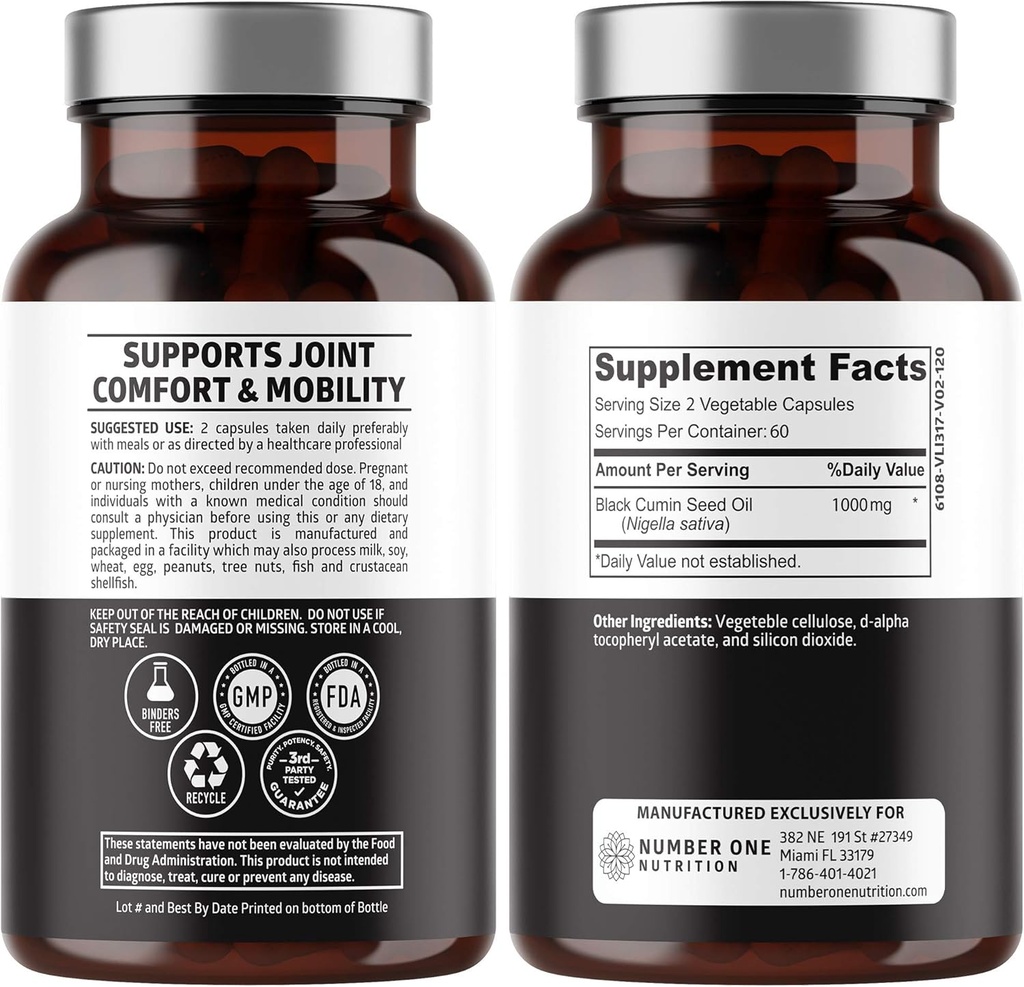 Bir Beslenme N1N Premium Siyah Tohum Yağı [Max Güçlü, 1000 mg]% 100 Cold-Pressed Nigela Sativa Digestion, Immune System and Common Comfort and Mobility, 120 Caps