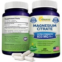 ASquared Beslenme Magnezyum Citrate 833 mg Supplement - 200 Capsules - Max Strength Vegan Magitrate Toz Pills Kasların Saf Fonksiyonlarını Desteklemek için Toz Pilleri - Enerji ve Kemikleri Arttırmak Yardımlar