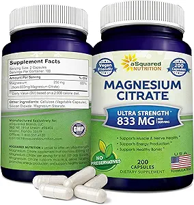 aSquared Nutrition Magnesium Citrate 833mg Supplement - 200 Capsules - Max Strength Vegan Mag Citrate Powder Pills to Support Pure Function of Muscles, Heart & Bones - Helps Increase Energy