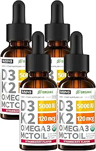 (4 Pack) Organik Vitamin D3 K2 MCT Oil Omega 3, 5000 IU - En Güçlü D Sıvı, No Fillers, Non-GMO Sıvı D3 Daha Hızlı Apsiyon ve Immune Desteği (Strawberry, 4 Fl Oz)