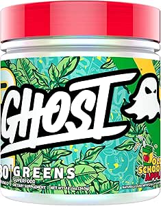 GHOST Greens Superfood Powder, Old School Apple - 30 Services - 19 Super Greens & Reds, Φρούτα, Λαχανικά, Spirulina, & Chlorella, Πρεβιοτικά, 10 Billion CFU Probiotic & Digestive Enzymes - Soy-Free