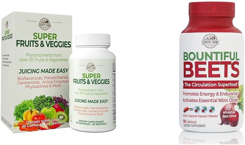 COUNTRY FARMS Super Fruits Veggies Antioksi Immune Energy Digestive Capsules + Bountiful Beets Nitrik Oksit Circulation Immune Capsules Sche, 30 + 90 Servisler