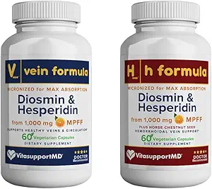 VitasupportMD - Vein & H Formula Bundle - Υποστήριξη για το Leg Veins & Hemorrhoidal Veins - 2x60 Κάψουλες - Diosmin & Hesperidin από 1000 mg MPFF, εκχύλισμα σπέρματος αλόγου, υποστήριξη κυκλοφορίας, μη ΓΤΟ