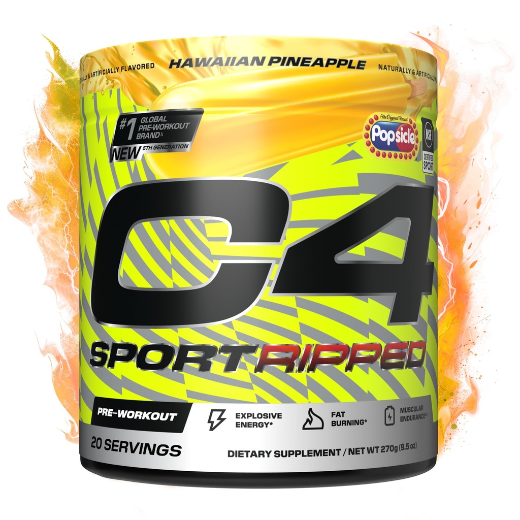 C4 Ripped Sport Pre Workout Powder - NSF Certified for Sport - 200mg Caffeine + Cayenne Extract + Carnitine Tartrate + Beta-Alanine - Hawaiian Pineapple, 20 Servings
