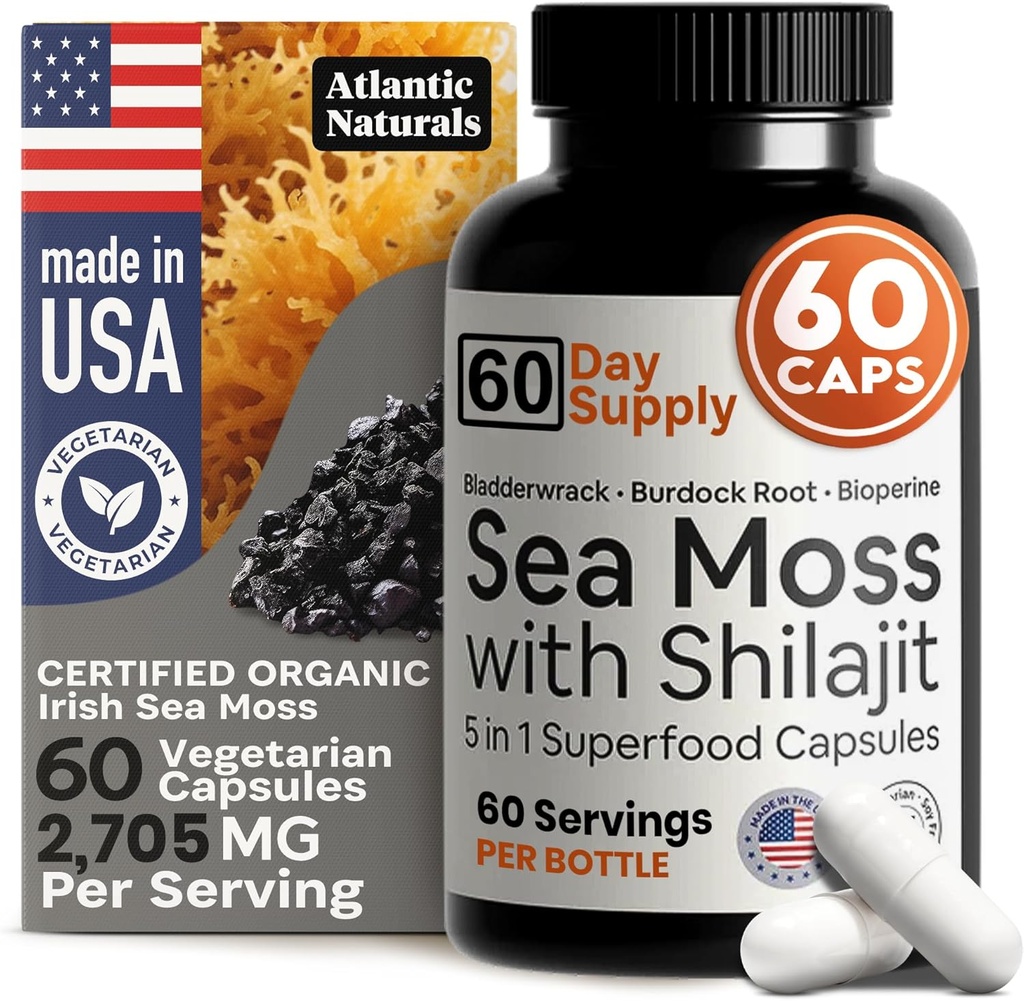 Atlantic Naturals Sea Moss and Shilajit Capsules – 5-in-1 Seamoss Shilajit Combo with Bladderwrack, Burdock Root & Black Pepper – Sea Moss Supplements for Absorption & Vitality – 2705 mg – 60 Count