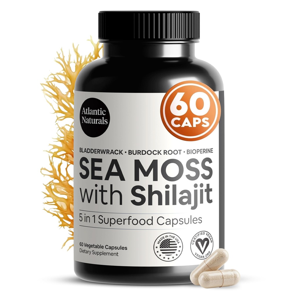 Atlantic Naturals Sea Moss ve Shilajit Capsules – 5-in-1 Seamoss Shilajit Combo with Bladderwrack, Burdock Root & Black Pepper – Sea Moss Supplements for Abxia & Vitality – 2705 mg – 60