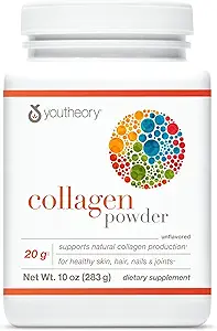 Youtheory Collagen Powder - με Αμινοξέα, Ορυκτά, Βιταμίνη C & B7 (Biotin) - Υποστηρίζει υγιή οστά, μύες, μαλλιά, νύχια, δέρμα & αρθρώσεις* - Hydrolyzed - Unflaved - 10 oz (10 Services)