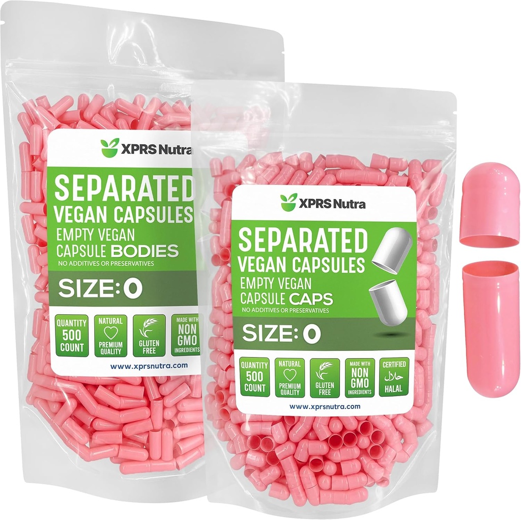 XPRS Nutra Vegan Μέγεθος 0 Χωριστές κάψουλες - 500 Count Premium Κενές κάψουλες χωρίζονται σε τσάντες - Χάπια 0 Κενό για το συμπλήρωμα DIY πλήρωσης (Pink)