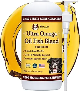 Natural Dog Company Ultra Omega Oil for Dogs a 2000 MG Omega 3, 6, 9 with Salmon, Pollock & Flaxseed Oil, EPA & DHA, Dog Supplement for Skin, Coat, Ortaklar, Antis & Itch Relief, Dog Fish Oil 16oz