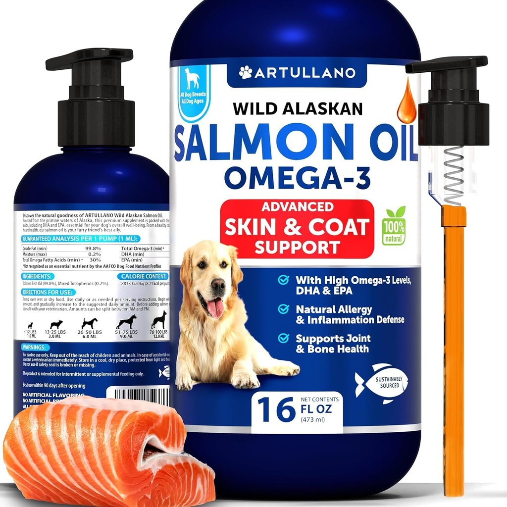 Köpekler için Salmon yağı - Omega 3 for Dogs - 16 FL OZ Wild Alaskan Salmon Fish Oil - Natural EPA & DHA Fatty Acids for Skin & Coat, Anti & Bone Health - Sıvı Destek Supplement for Shedding