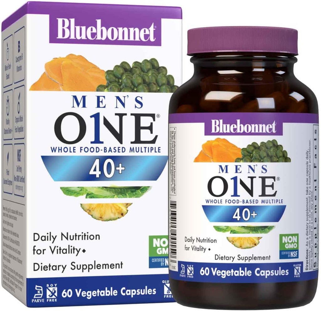 Bluebonnet Beslenme Erkekleri' ONE 40+ Tüm Gıda bazlı Multivitamin Erkekler 40+, Soy-Free, Non-GMO, Gluten Free, Kosher, 60 Sebze Kapsülleri, 60 Hizmet