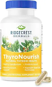 Ridgecrest Herbals ThyroNourish, Thyroid Support, Herbal and Vitamin Supplement with Ashwagandha, L-Tyrosine, Iodine, Copper, Kelp. Supports Energy, Metabolism Health, Normal Sleep (60 Caps, 30 Serv)