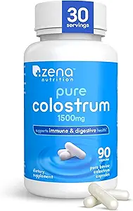 Zena Beslenme Pure Colostrum Capsules, 1500 mg Supplement, Grass Fed Bovine Colostrum, Destekler Immune ve Digestive Health, Supports Gut Health, Gluten Free, Fat Free, 1 Ay Supply, 90 Capsules