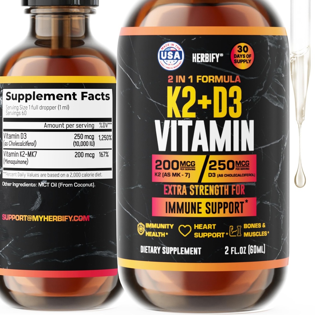 Vitamin D3 K2 Drops – Liquid Vitamins for Women, Men & Teen - Bone Strength Supplements - D3 K2 Mt Vitamins for Immune Support & Heart Health - Vitamin D3 10000 Iu Liquid K2 Drops – 2 oz