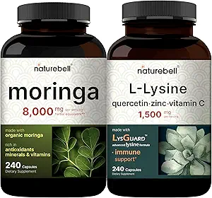 NatureBell Moringa Oleifera 8000mg Per Servis & L-Lysine 1000 mg Capsule Paket | Superfood Antioksi | Free Form Amino Asits, L Lysine Complex