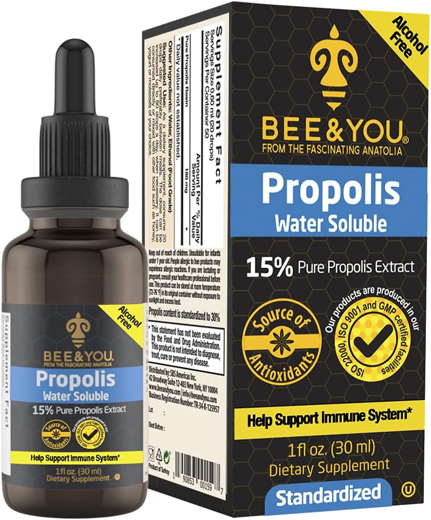 BEE ve You 15 Pure Propolis Water ► Ekstra Potency - Zero Sugar - Zero Calorie - Natural Immune Support&Sore Throat Relief Antioksis, Keto, Paleo, Gluten-Free, 1 Fl Oz
