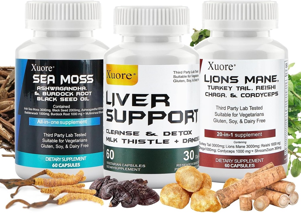 Sea Moss, Black Seed Oil,Mushroom & Herb Supplement with Lions Mane, Türkiye Tail, Reishi, Cordyceps, Chaga, And Liver Cleanse and Detox & Tamir - With Milk Thistle ,All In One Supplment (3 paket)
