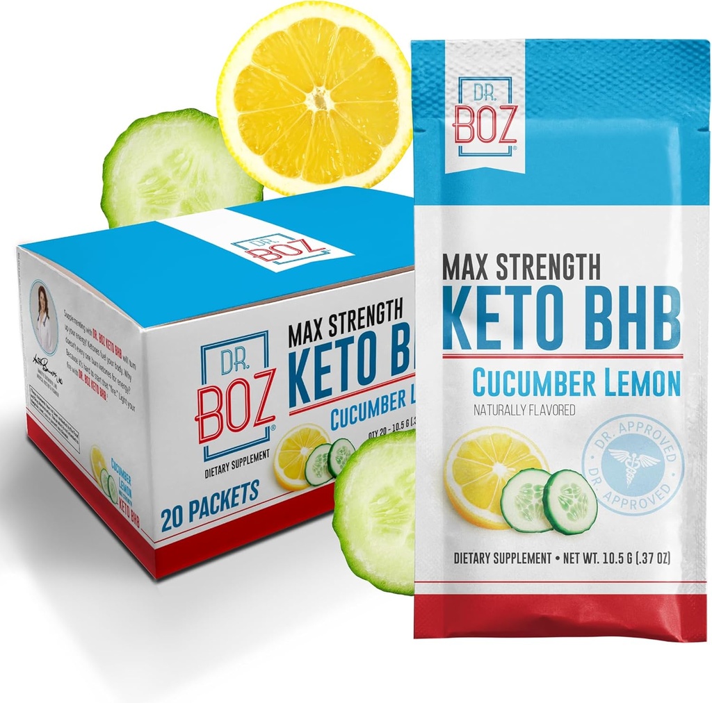 Dr. Boz - Keto BHB Toz - Cucumber Lemon, 20 Packets - Ketonlar - Enerjiyi artırmak ve Cravingları azaltmak - Max Strength Diyetary Supplement - Quality Tested - ABD'de Made - 10.9oz (310g)