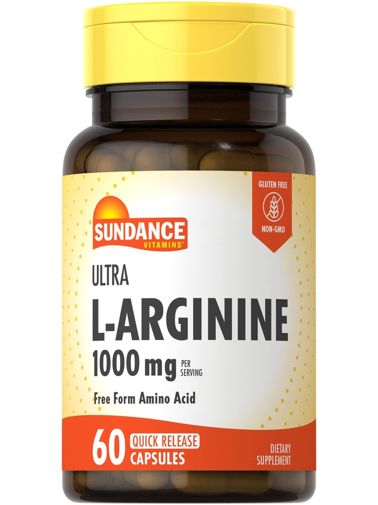 Sundance L-Arginine 1000 mg Capsules | 60 Kont | Free Form Amino Asit Supplement | Non-GMO ve Gluten Free Supplement Supplement