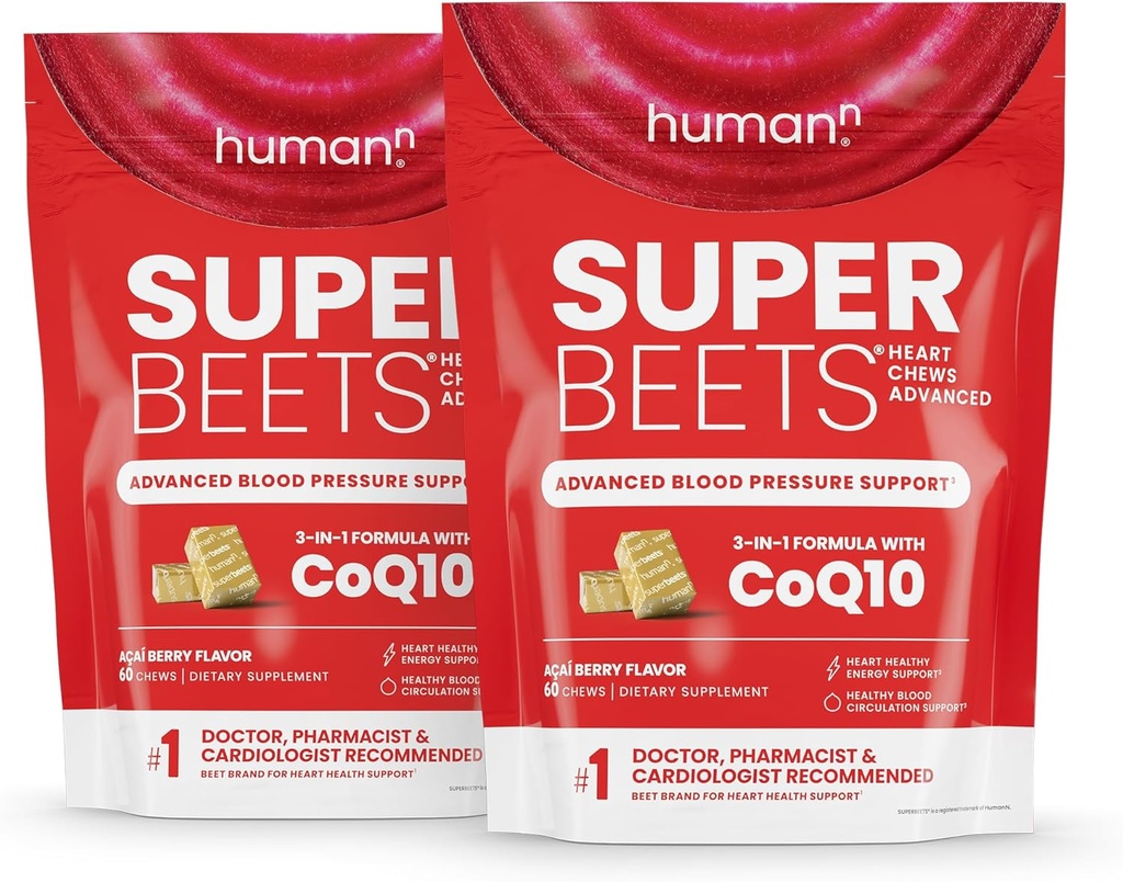 HumanN SuperBeets Heart Chews Advanced - 100mg of CoQ10 Plus Beetroot & Grape Seed Extract, 120 Count