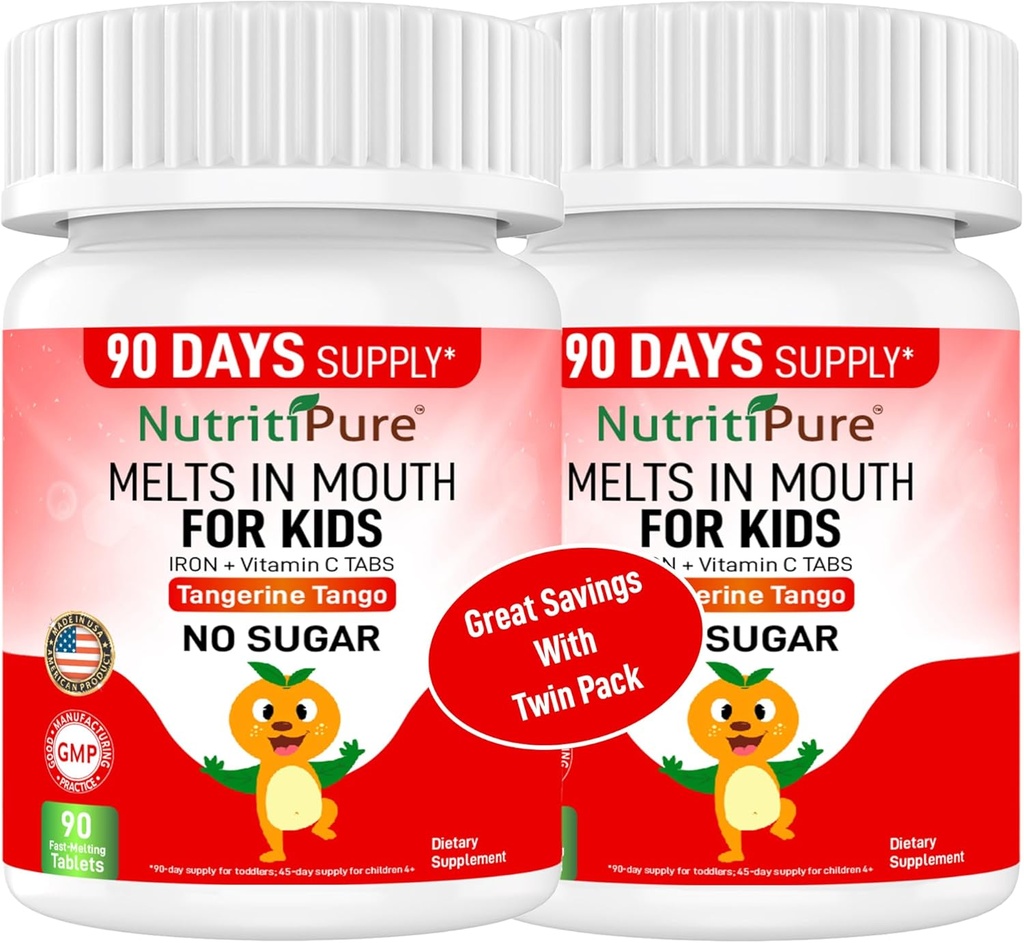 Çocuklar için Sert Demir Supplements (Ferronyl®/Carbonyl Iron 9 mg C 30 mg) Tangerine Tango Orange Flavor Kids Supplement 90 (2 Şişe)