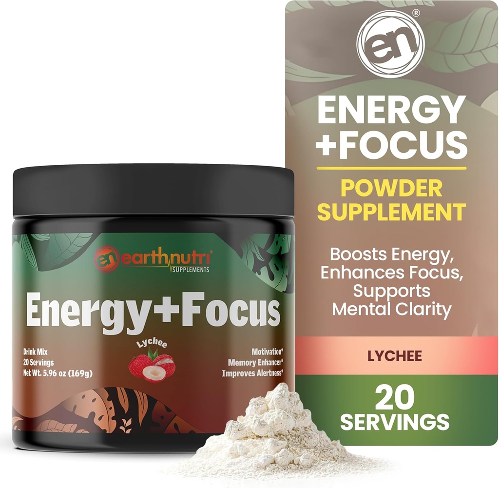 EarthNutri Energy + Focus Toz Supplement - Enerji Boost & Helps Concentration with PeakO2, AlphaSize, Cog SYN PurCaf, Theacrine, Acetyl L-Carnitine L-Tyrosine - Lychee Flavor - 20 Hizmet (171g)