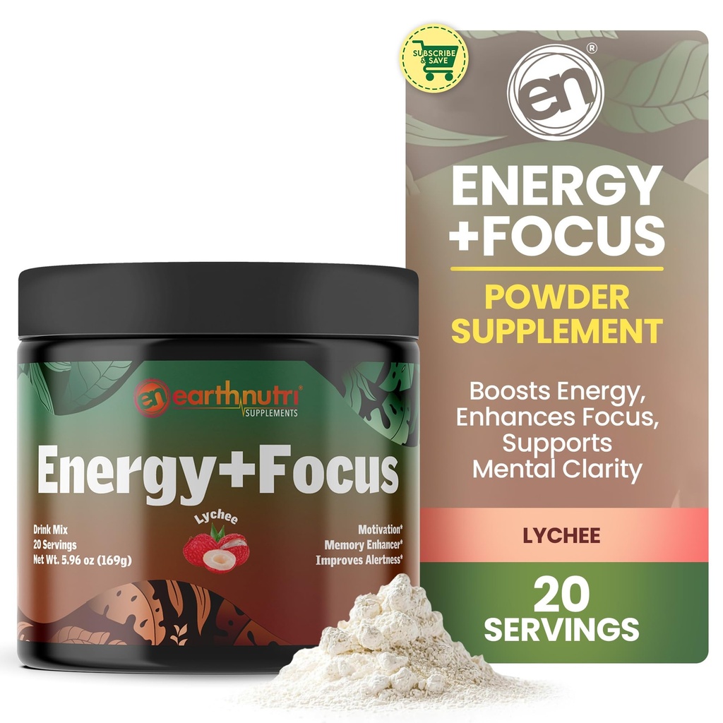EarthNutri Energy + Focus Toz Supplement - Enerji Boost & Helps Concentration with PeakO2, AlphaSize, Cog SYN PurCaf, Theacrine, Acetyl L-Carnitine L-Tyrosine - Lychee Flavor - 20 Hizmet (171g)