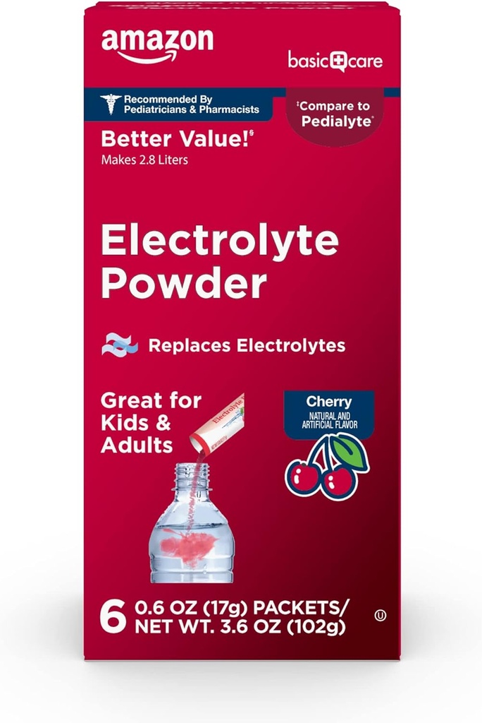 Βασική Φροντίδα Ηλεκτρολυτών Powder Packets για Παιδιά & Ενήλικες, Cherry Flavor, 6 μέτρημα (Pack of 1)