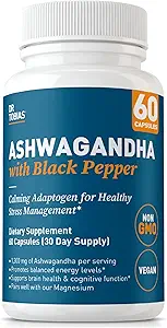 Dr. Tobias Ashwagandha Capsules, 1300 mg Organik Ashwagandha Kökleri Siyah Pepper, Calming Adaptogen, Energy & Focus Supplement, 60 Vegetarian Capsules