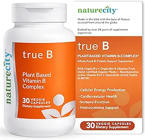 NatureCity True-B Plant-Based Super B Vitamin Kompleksi | Made from Certified Oraganic Whole Food Plant Sources with Active Folate and Vitamin B12 - (30 Veggie Capsules)