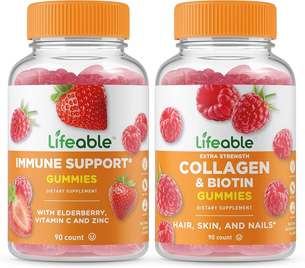 Lifeable Immune Support + Collagen & Biotin, Gummies Sche - Great Tasting, Vitamin Supplement, Gluten Free, GMO Free, Chewable Gummy
