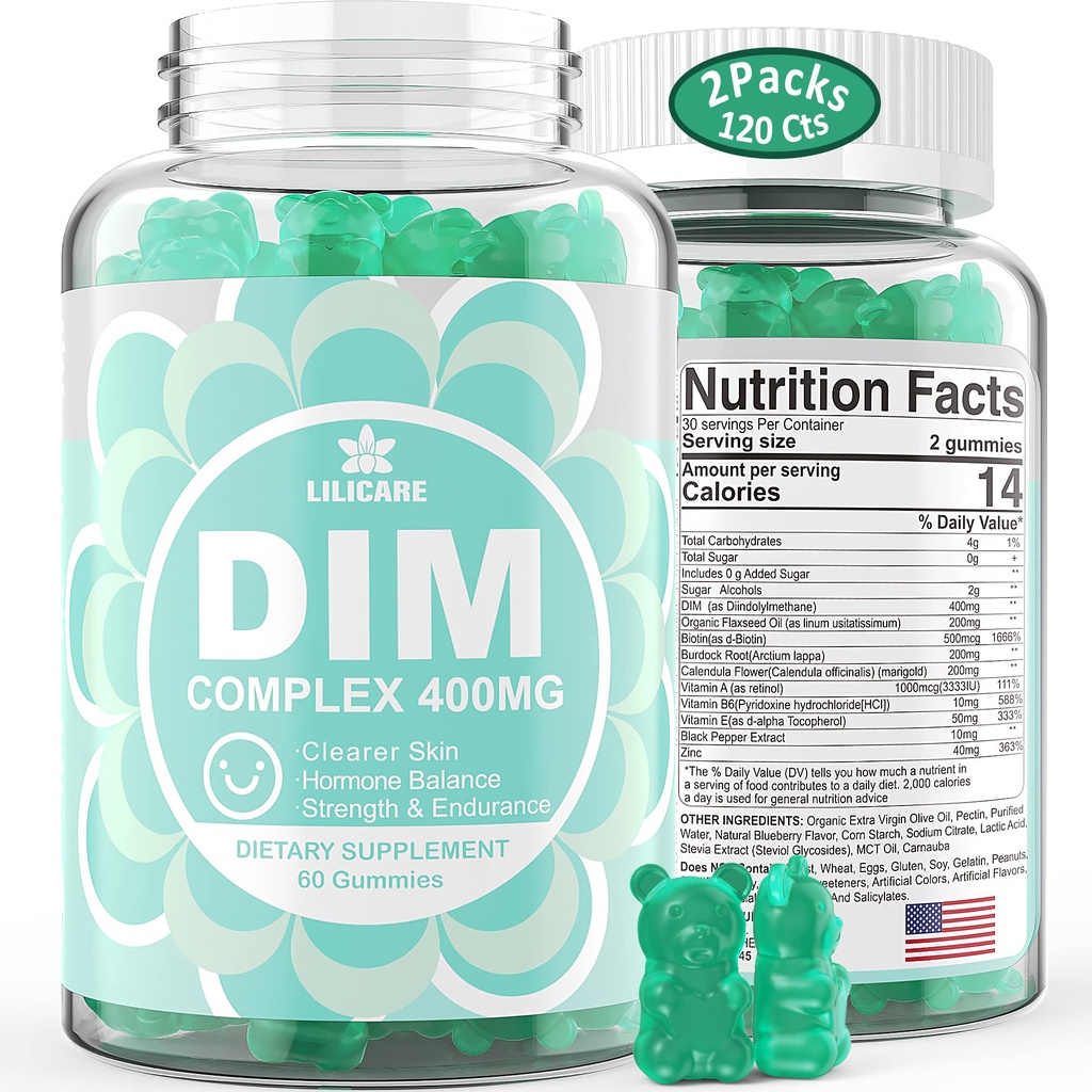 DIM Supplement Women 400 mg, Estrogen Supplement for Women, Sugar Free DIM Gummies for Men & Women + Biotin, Flaxseed Oil, Burdock, Calendula, BioPerine for Hormon Balance, Menopause & Prostate 120Cts