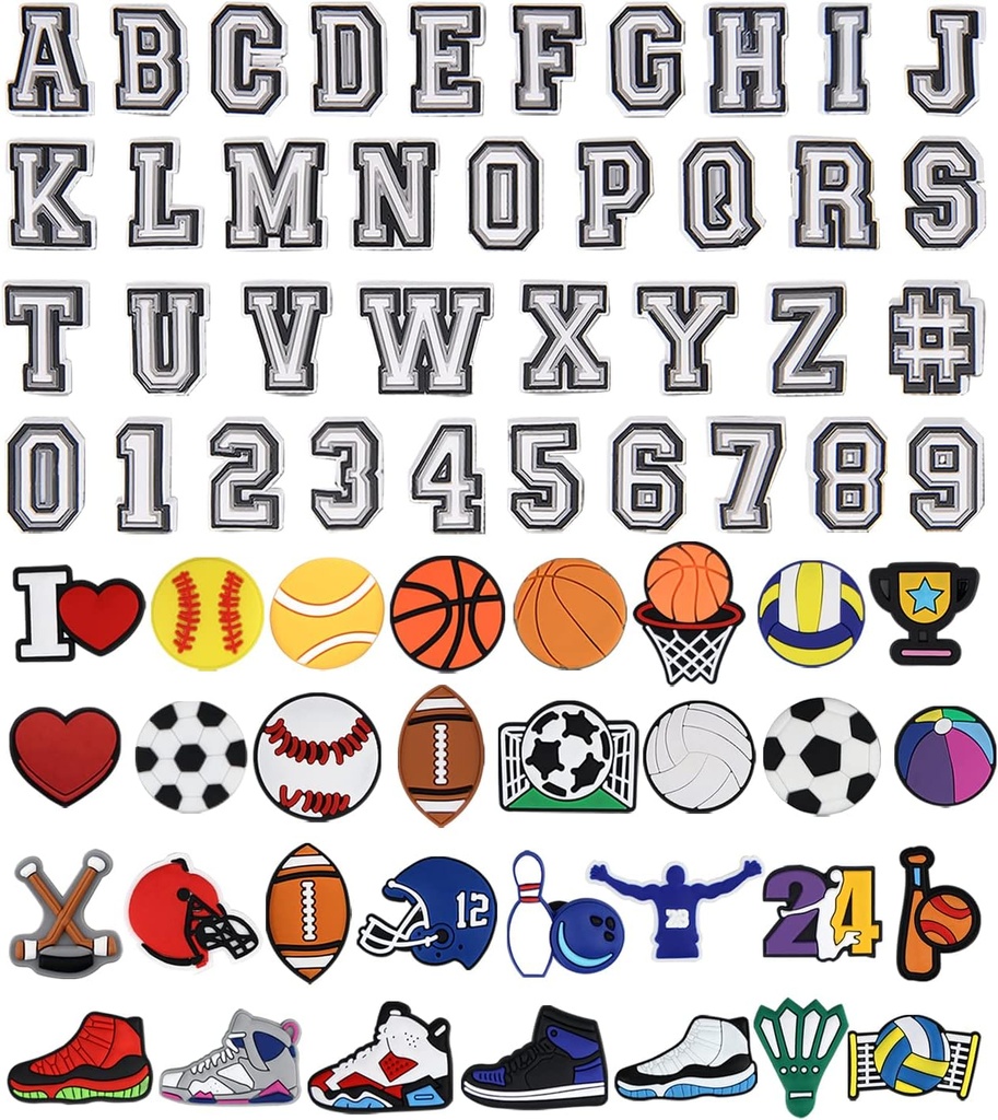 Letters Numbers and Sports Decoration Charms, Basketball Baseball Hockey Softball Soccer Football Gift for Boys Kids Teens and Adults