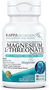 Kappa Nutrition Powered by MagbrainTM L-Threonate Plant-Based, 420 mg Elemental Magnezyum (3 Capsules) from 2,253 mg, 90 Vegan Capsules, Brain, Sleep & Muscle Support.